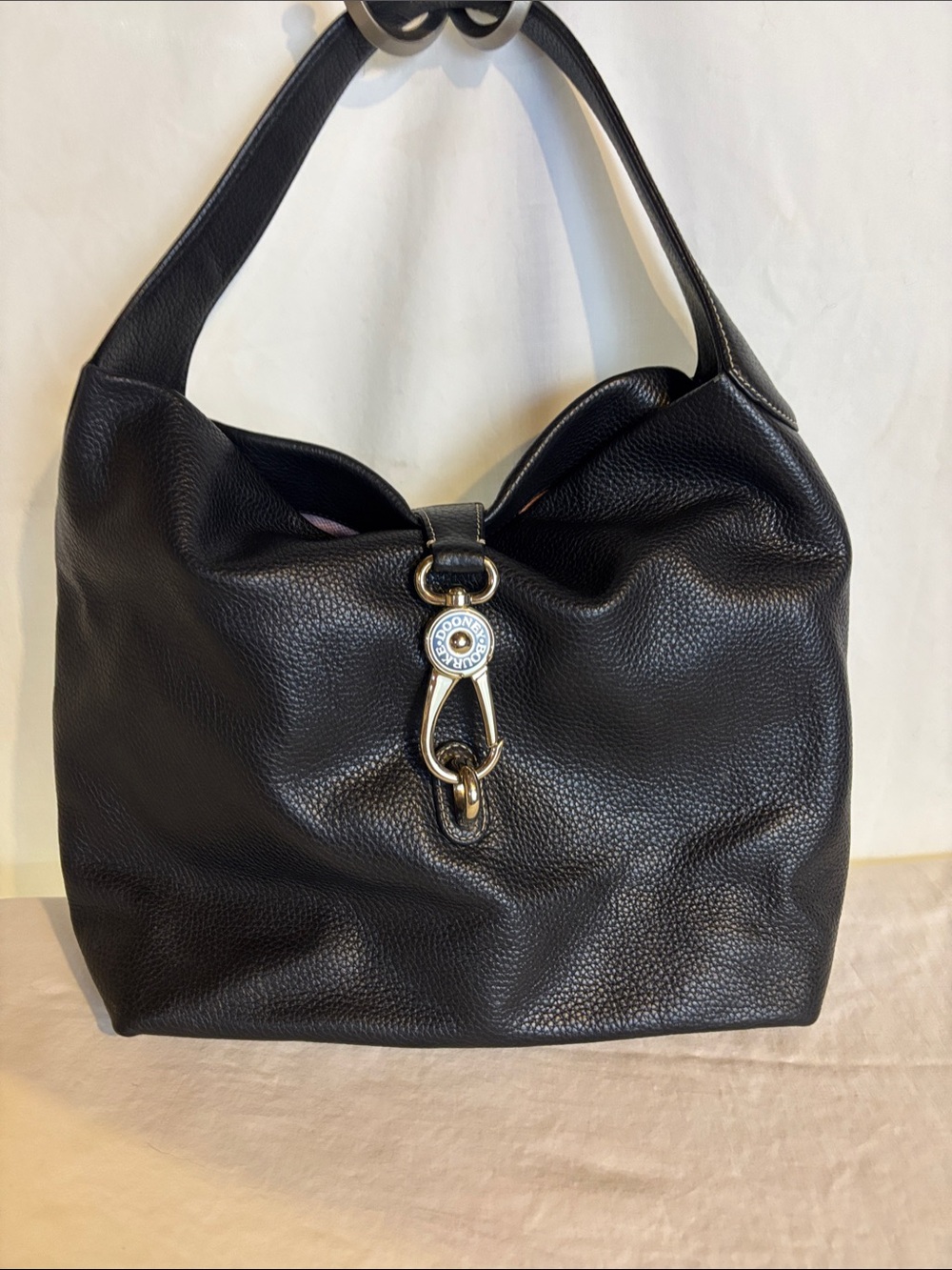 Dooney & Bourke logo lock Black Pebbled Leather Shoulder Bag with Gold Hardware